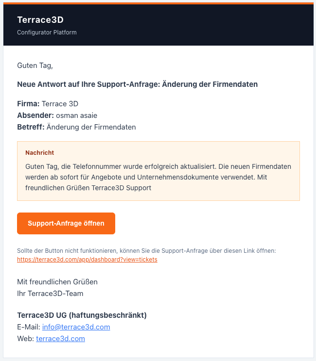 Screenshot einer E-Mail-Benachrichtigung über eine neue Antwort auf eine Support-Anfrage.