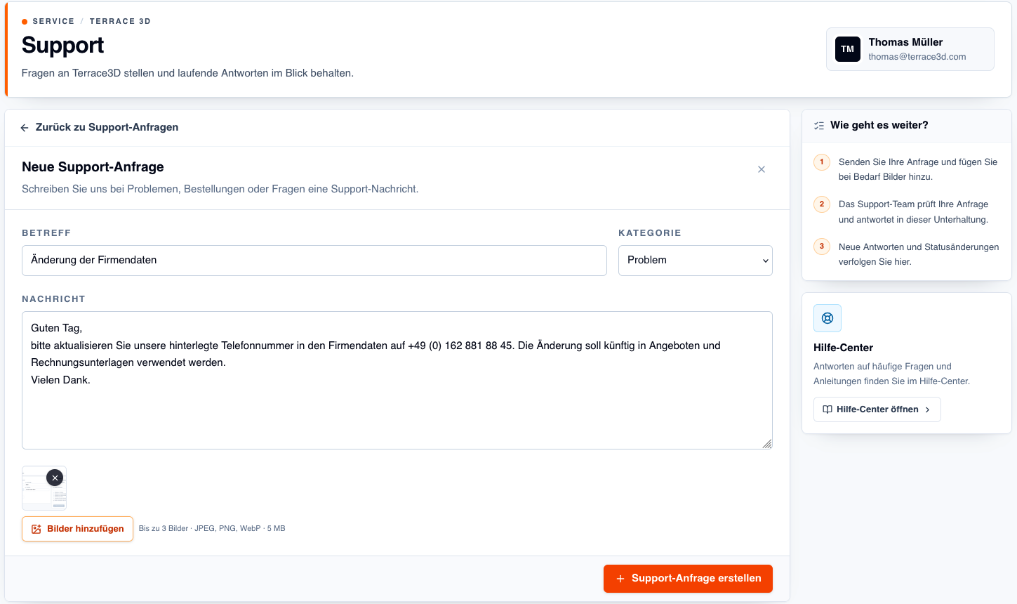 Screenshot einer ausgefüllten neuen Support-Anfrage mit angehängtem Bild und aktivem Button Support-Anfrage erstellen.