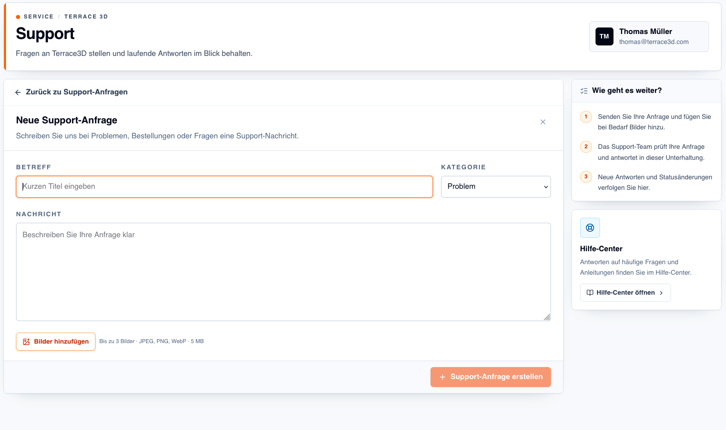 Screenshot des Formulars Neue Support-Anfrage mit Betreff, Kategorie, Nachricht und Schaltfläche Bilder hinzufügen.