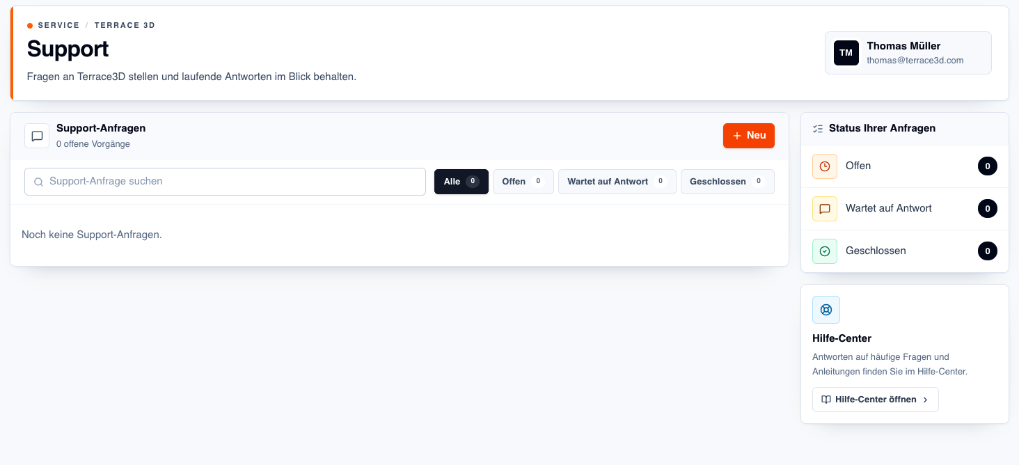 Screenshot der Support-Startseite mit Support-Anfragen, Statusfilter, Statusübersicht und Hilfe-Center.