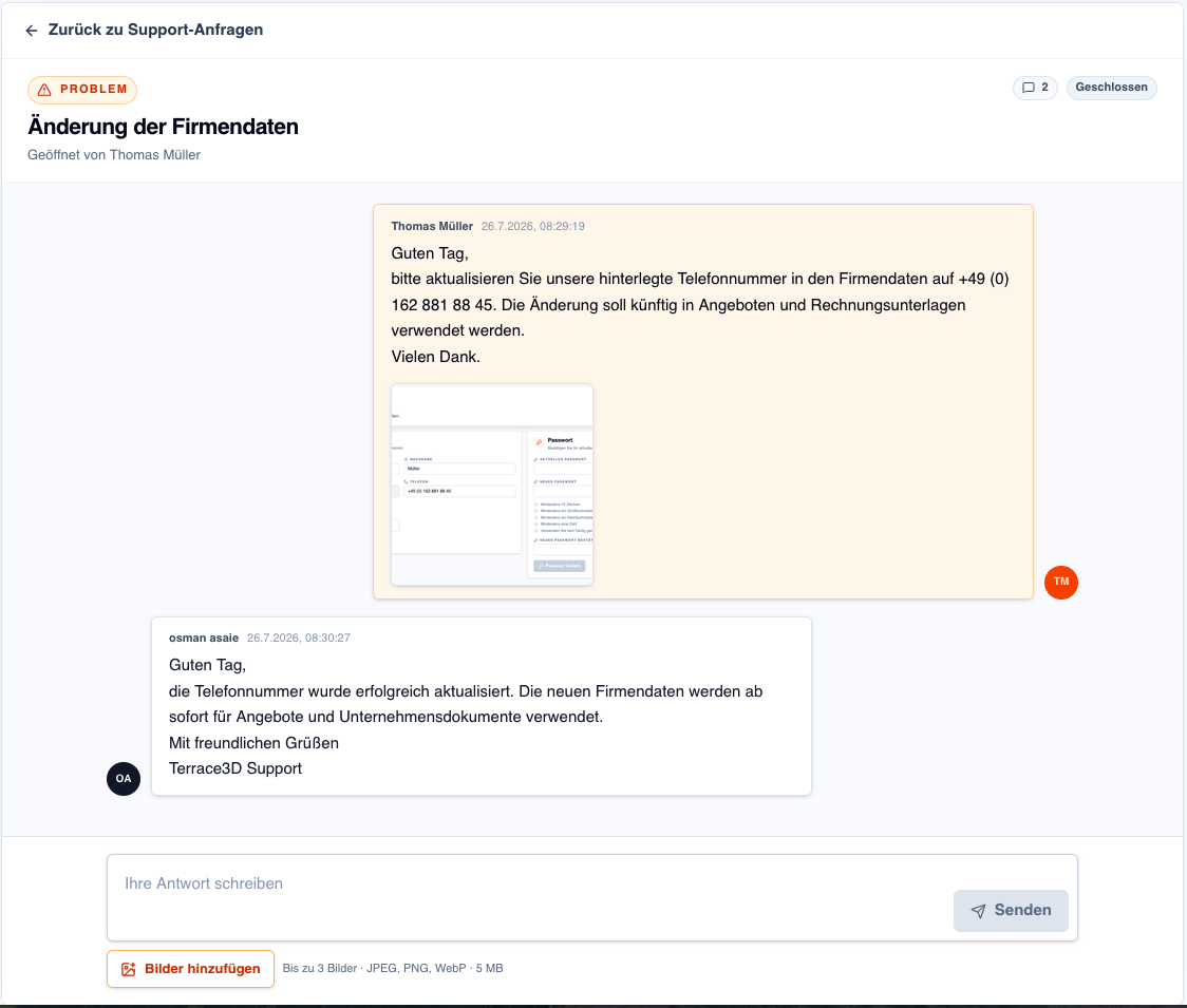 Screenshot eines geschlossenen Support-Tickets mit ursprünglicher Anfrage und Antwort des Support-Teams.