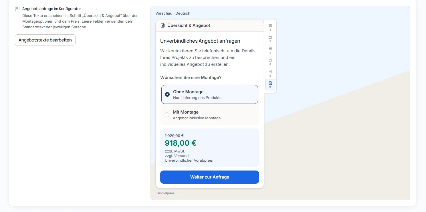 Firmeneinstellungen zur Angebotsanfrage mit Schaltfläche zum Bearbeiten der Texte und Vorschau des Schritts Übersicht und Angebot