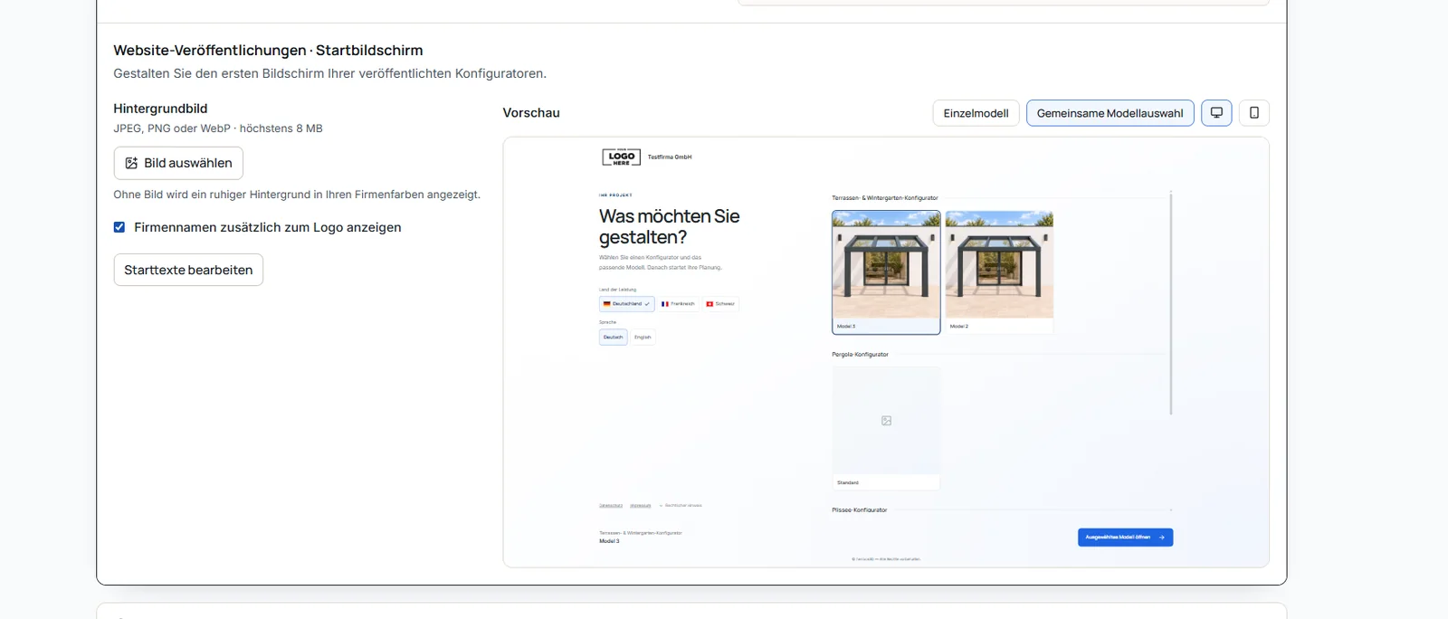 Firmeneinstellungen für den Startbildschirm mit Hintergrundbild-Auswahl, Firmennamen-Anzeige, Textbearbeitung und Vorschau der gemeinsamen Modellauswahl