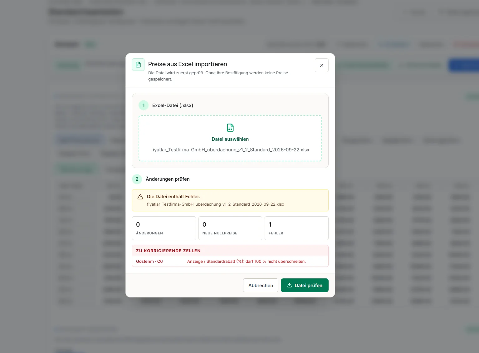Excel-Importprüfung mit einem Hinweis auf einen Standardrabatt über 100 Prozent und der betroffenen Zelle C6