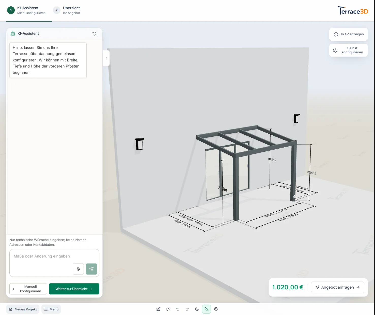 Terrace3D-Konfigurator mit geöffnetem KI-Assistenten neben der 3D-Ansicht einer Terrassenüberdachung