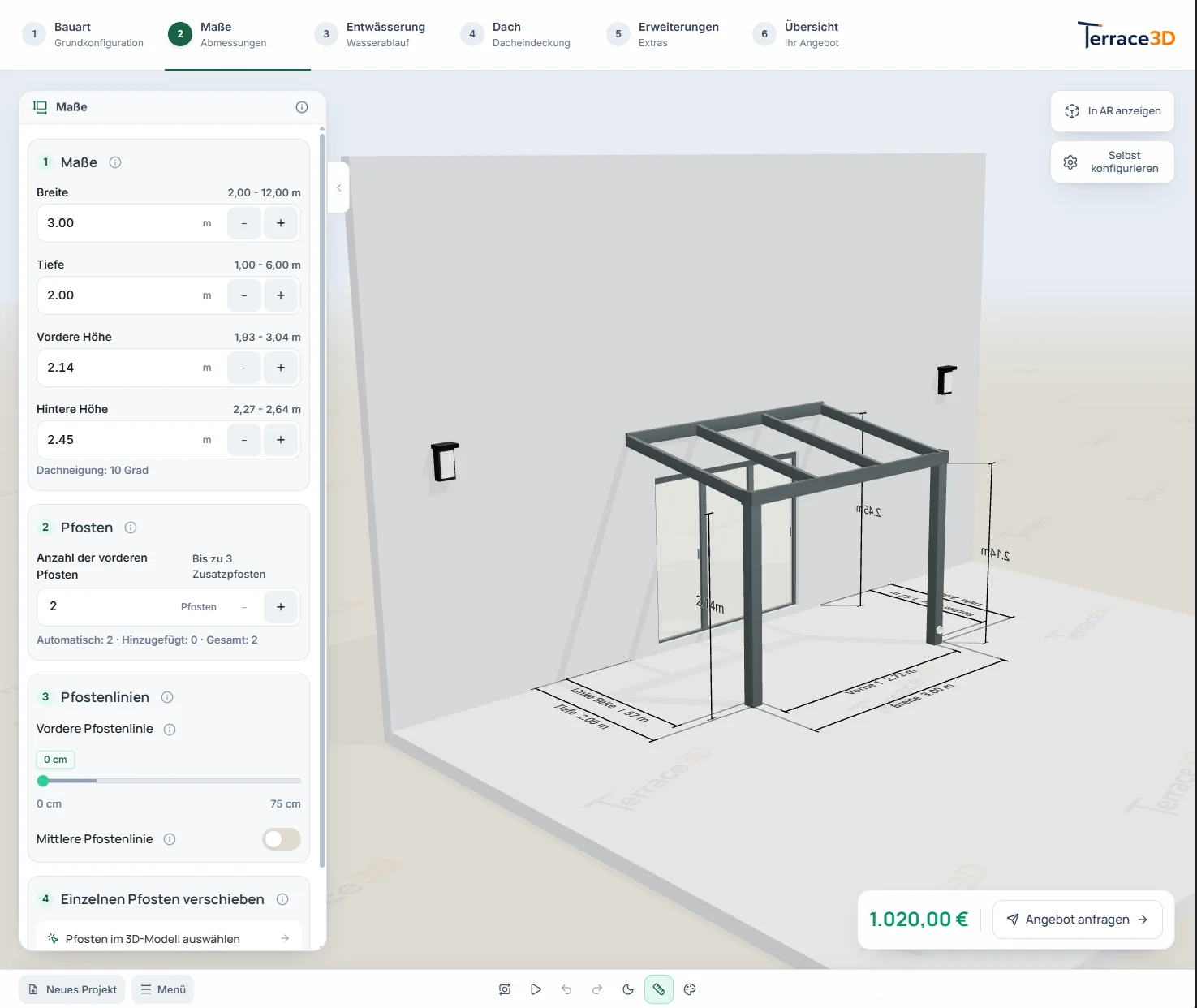 Überarbeiteter Terrace3D-Konfigurator mit klarer Schrittleiste, gegliedertem Einstellbereich und großer 3D-Ansicht einer Terrassenüberdachung