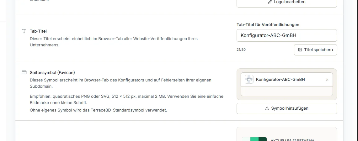 Firmeneinstellungen mit dem Feld für den Tab-Titel und einer Vorschau neben dem Seitensymbol