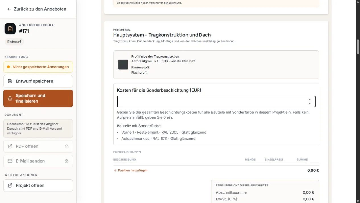 Angebotsseite mit dem Feld Kosten für die Sonderbeschichtung und einer Liste mit Festelement und Aufdachmarkise in Sonderfarben