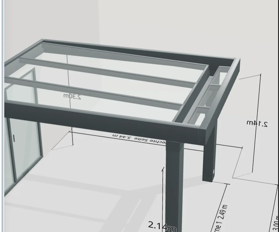 3D-Ansicht einer Flachdachüberdachung mit nach innen versetzten vorderen Pfosten, innenliegender Regenrinne und Dachüberstand