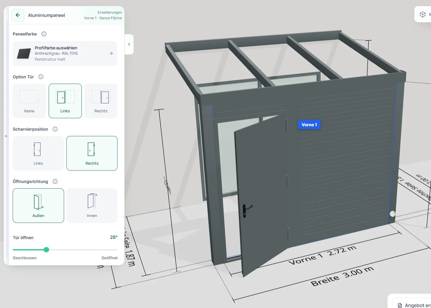 Pultdach-Konfigurator mit geöffneter Drehtür in einem Aluminiumpaneel und Einstellungen für Türposition, Scharnierseite, Öffnungsrichtung und Öffnungswinkel