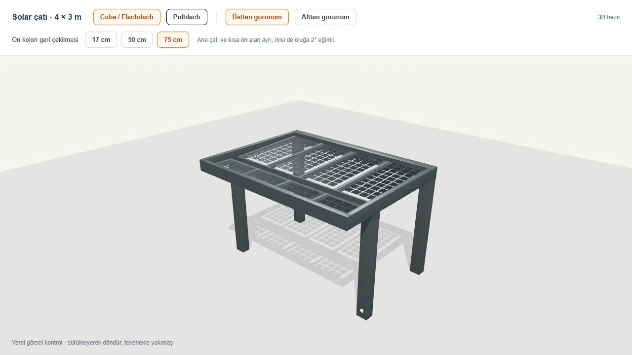 3D-Beispiel einer Flachdachüberdachung mit Solarglas, nach innen versetzter vorderer Pfostenlinie und Dachüberstand