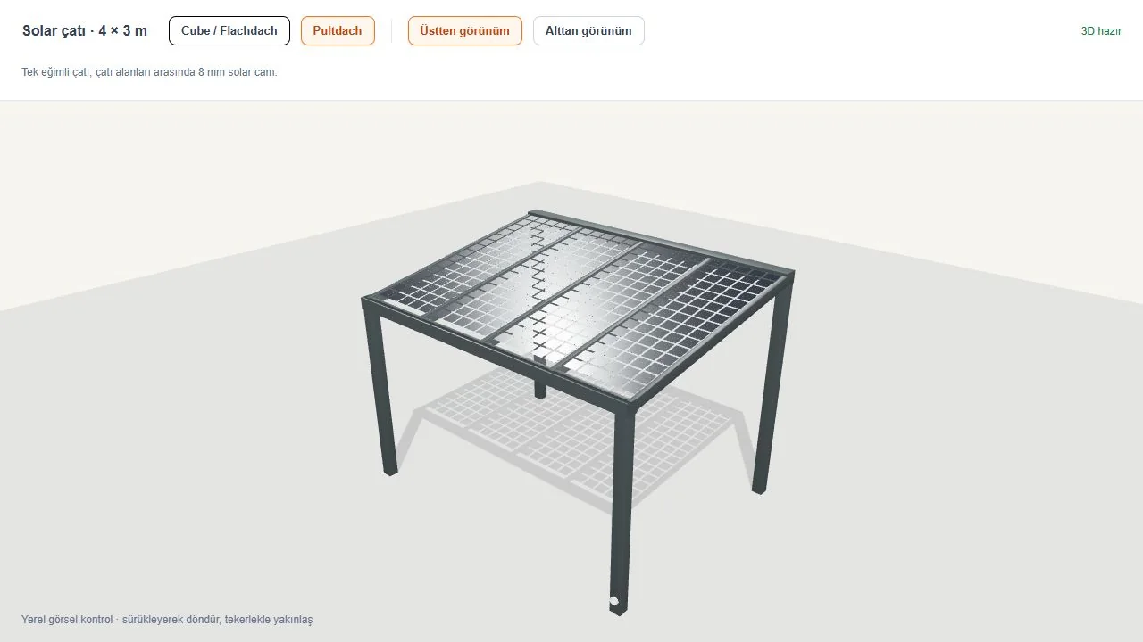 3D-Beispiel einer Pultdachüberdachung mit teiltransparentem Solarglas und integrierten Solarzellen zwischen den Dachsparren